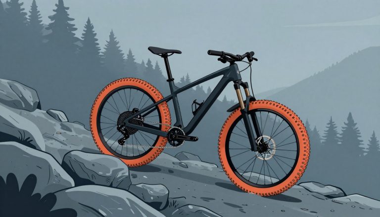 Un VTT noir et son large pneu orange sur un sentier rocheux brumeux.