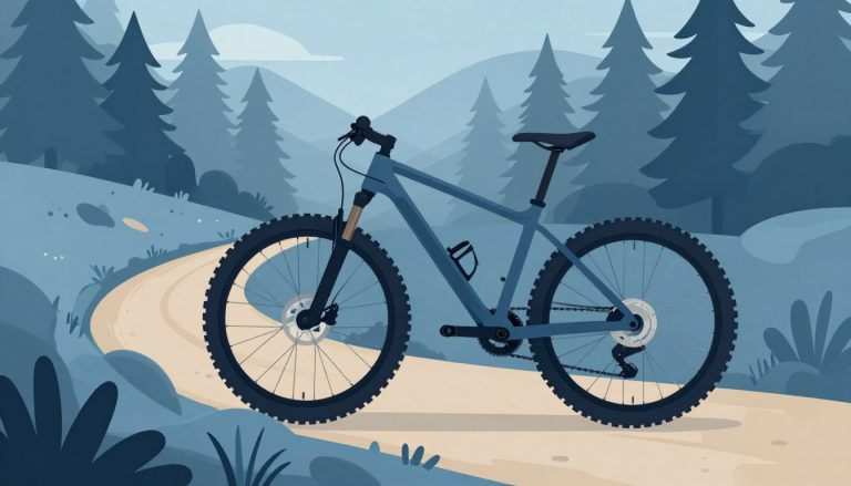 Un VTT sur un sentier forestier, avec un pneu avant cranté et un pneu arrière plus lisse.
