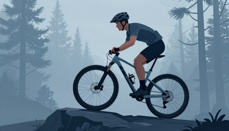 Un cycliste casqué franchit une crête rocheuse sur un sentier bordé de pins.