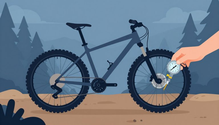 Un VTT de 29 pouces avec un manomètre près du pneu sur un sentier forestier.