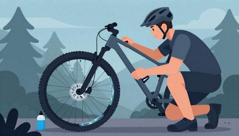 Un vététiste vérifie un pneu tubeless avec un flacon bleu sur un sentier forestier.