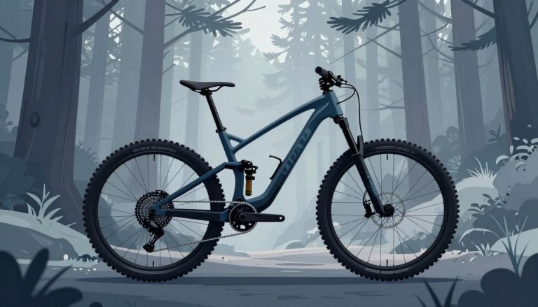 Un VTT noir posé sur un sentier forestier brumeux, entre les pins.