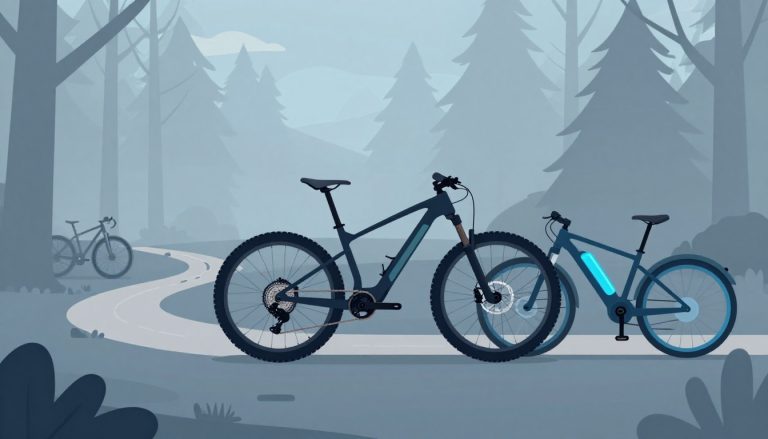 Trois VTT différents sont présentés sur un sentier forestier brumeux.
