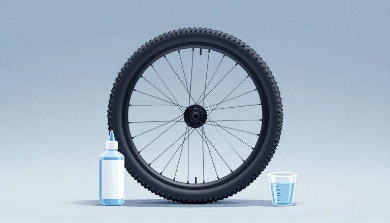 Roue de VTT tubeless avec bouteille de préventif et doseur gradué à 80 ml.
