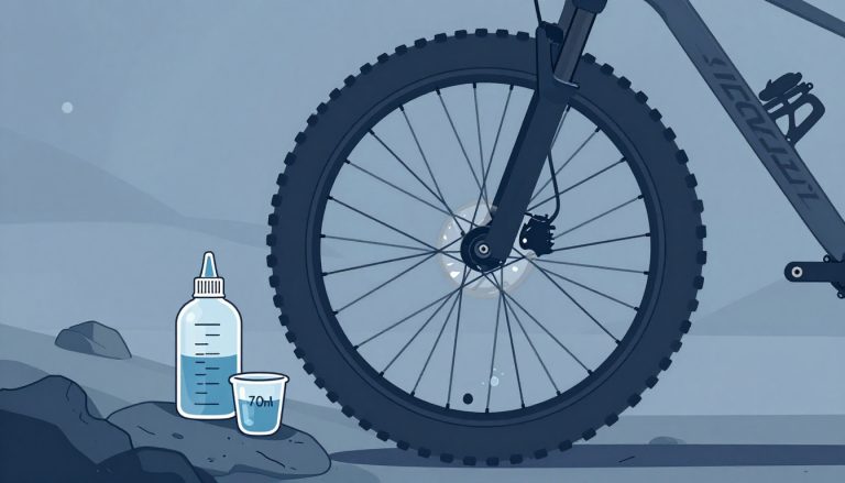 Une bouteille verse 70 ml de préventif dans le pneu tubeless d’un VTT.