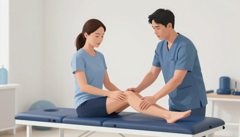 Une patiente travaille l’extension de son genou avec l’aide d’un kinésithérapeute.