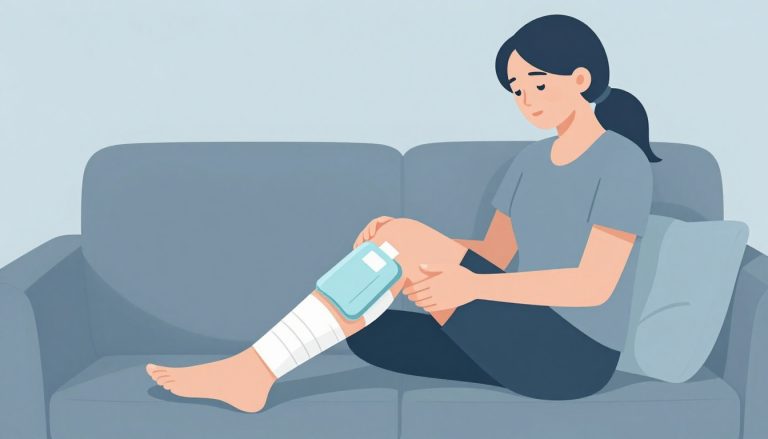 Une femme pose une poche de glace sur son genou gonflé, la jambe surélevée.