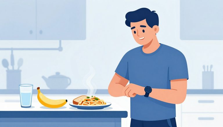 Un coureur regarde des pâtes, une tartine, une banane et un verre d’eau.