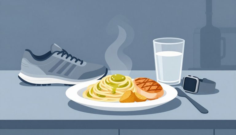 Une assiette de spaghetti, pommes de terre et poulet accompagne une chaussure de course et une montre connectée.