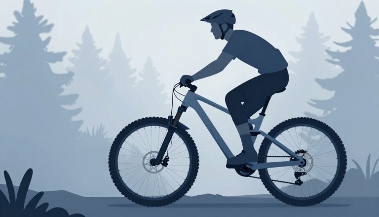 VTT sur un sentier, avec ressorts d’amortisseur bleu ardoise bien visibles.