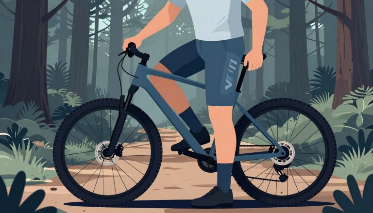 Un vététiste porte un short VTT bleu avec cuissard dans une forêt.