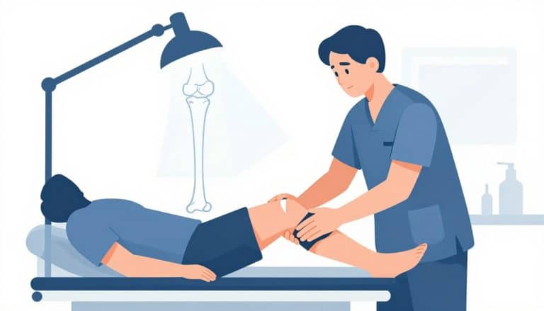 Un chirurgien stabilise le genou fléchi d’un patient avec une attelle.