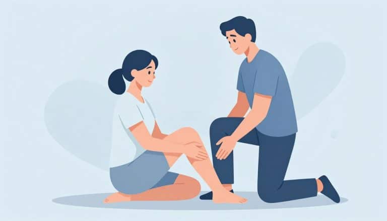 Une femme étend sa jambe pendant qu’un kinésithérapeute soutient son genou.