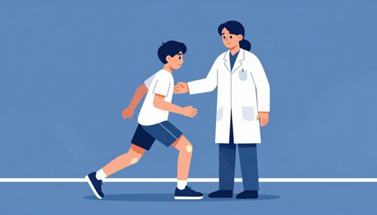 Un adolescent court sur une piste, accompagné d’un spécialiste qui touche doucement son genou droit.