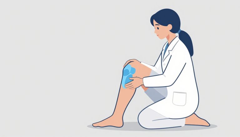 Une médecin soutient un genou dont le tendon patellaire est mis en évidence en bleu.