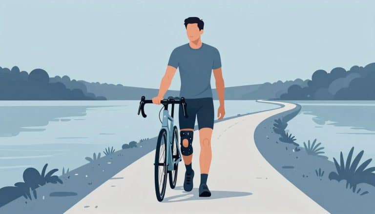 Une personne avec une genouillère tient un vélo près d’un lac.