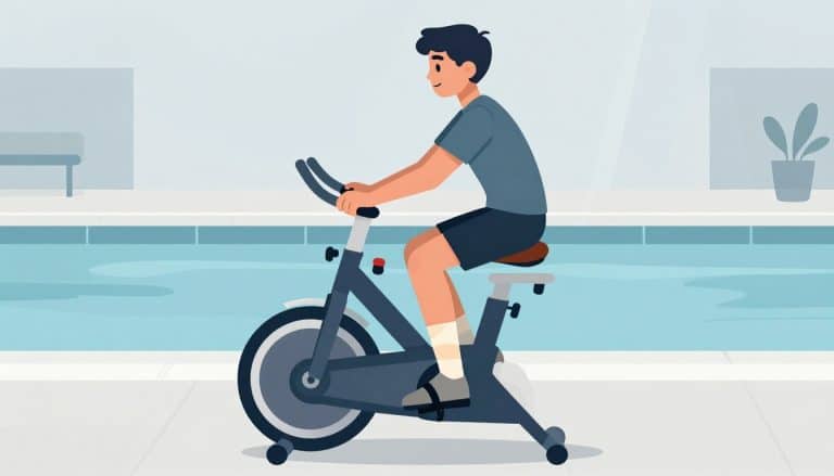 Un adolescent détendu sur un vélo d’appartement, avec le genou gauche bandé, devant une piscine intérieure.