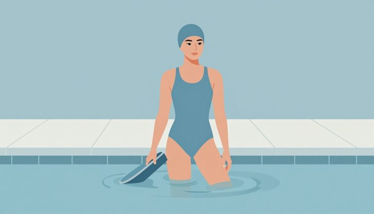 Une femme avec un flotteur dans une piscine, devant un chemin de promenade.