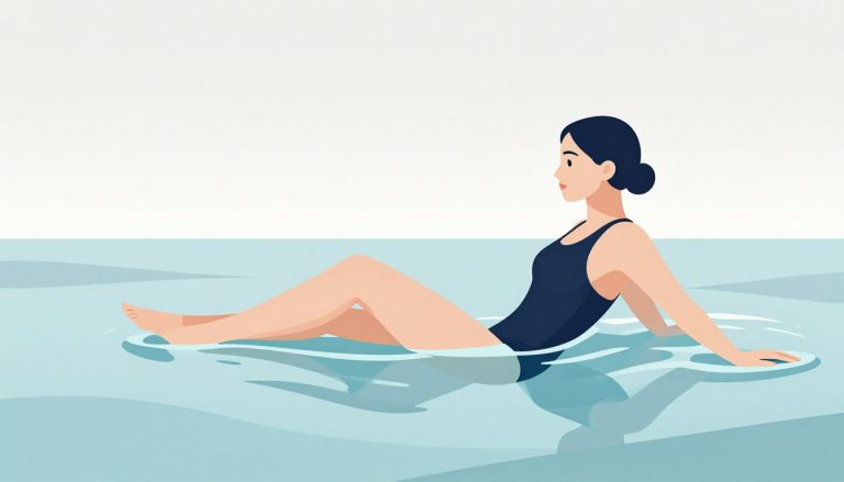 Une nageuse glisse dans l’eau, avec le genou légèrement mis en valeur.