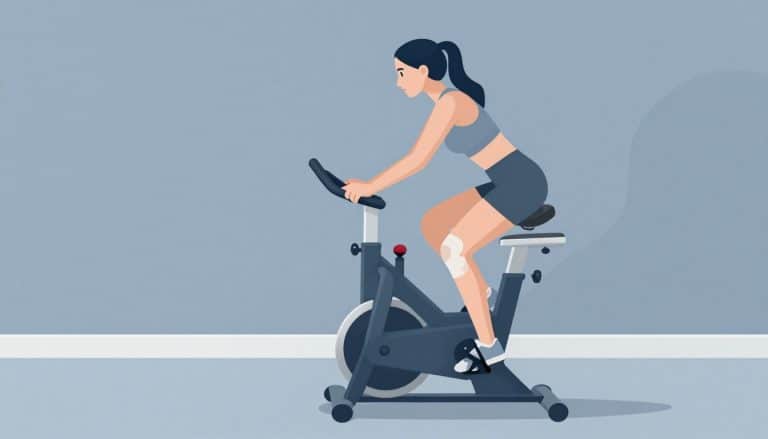 Une femme avec une genouillère pédale sur un vélo d’intérieur.