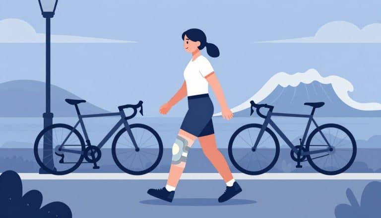 Une femme marche avec une genouillère, près d’un vélo et d’une silhouette de vague.
