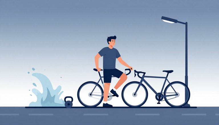 Une coureuse près d’un vélo, d’une éclaboussure d’eau et d’accessoires de renforcement.