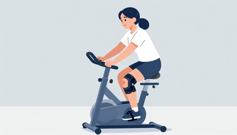 Une femme avec une genouillère pédale sur un vélo d’appartement.