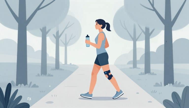 Une femme marche dans un parc avec une genouillère et une bouteille d’eau.