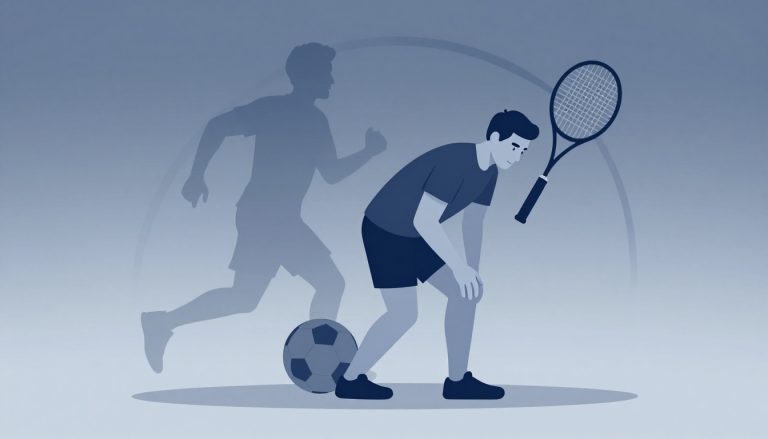 Un homme soutient son genou douloureux avec des symboles de course, football et tennis derrière lui.