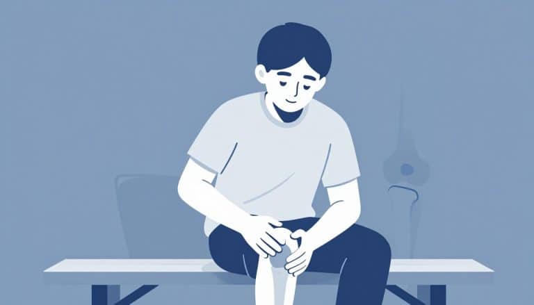 Un adolescent assis sur un banc tient son genou droit, avec une articulation stylisée en arrière-plan.