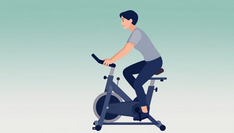 Une femme pédale sur un vélo d’appartement pour une activité douce.