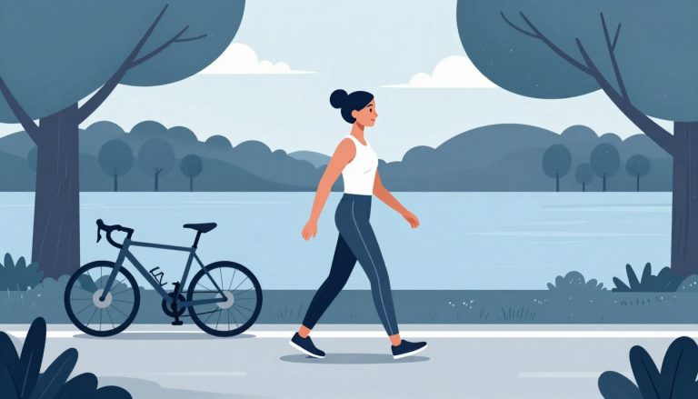 Une femme marche sur un chemin, avec un vélo, des arbres et un lac en arrière-plan.