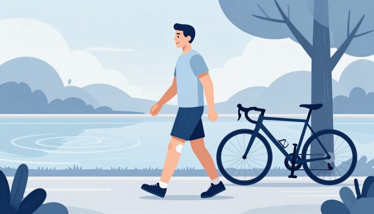 Une personne marche dans un parc près d’un vélo et d’un bassin.