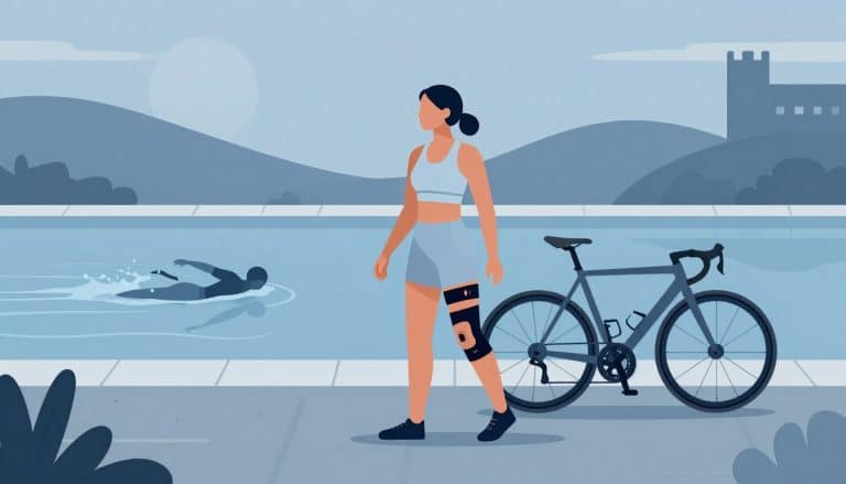 Une femme avec une genouillère devant une piscine et un vélo.