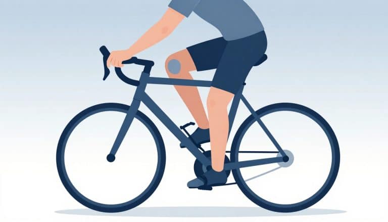Adulte sur un vélo d’appartement, avec le genou légèrement fléchi et coloré en bleu.