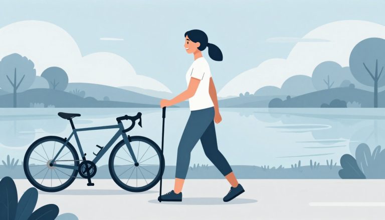 Une femme marche avec une canne près d’un vélo et d’un étang.