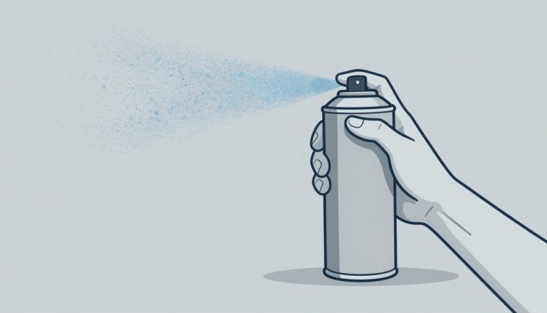 Un aérosol vaporise une brume bleue sur un genou légèrement fléchi.