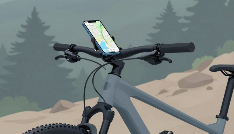 Un smartphone affichant une carte est fixé au guidon d’un VTT.