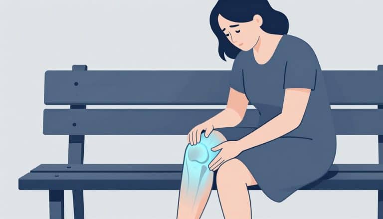 Une femme assise sur un banc tient son genou légèrement gonflé.