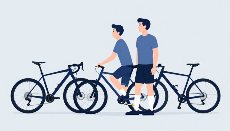 Un cycliste mesure son entrejambe devant trois cadres de VTT.
