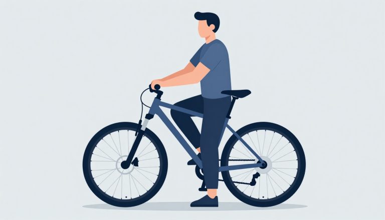 Un adulte de 1,70 m se tient à côté d’un VTT avec un ruban de mesure.