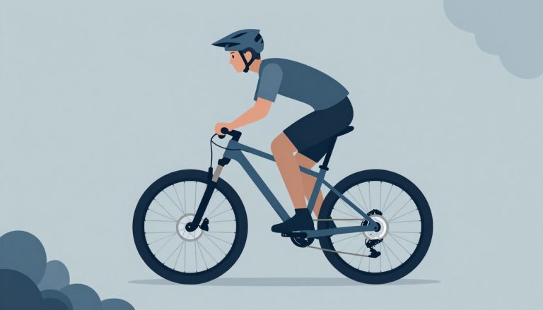 Un cycliste de 1,80 m appuyé sur un VTT au bord d’un sentier forestier.