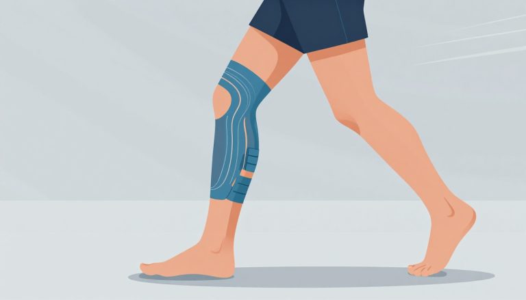 Une jambe de coureur avec une bande bleue autour du genou externe.