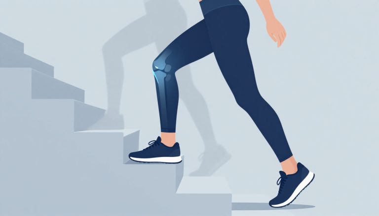 Une femme descend un escalier, avec le genou mis en évidence.