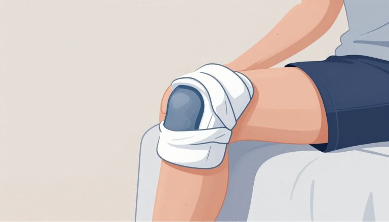 Un genou légèrement gonflé avec une poche de glace, la jambe reposant sur un coussin.