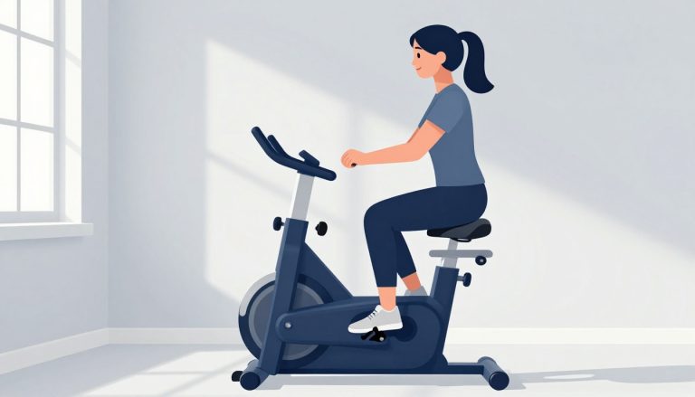 Une femme pédale doucement sur un vélo semi-allongé dans une salle de sport lumineuse.