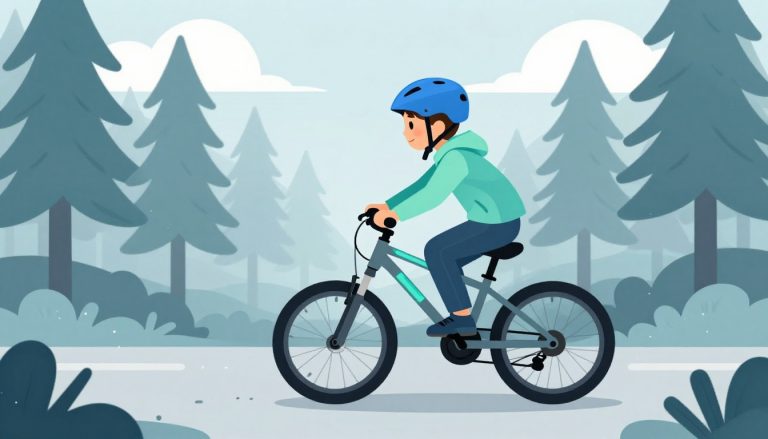Un enfant à casque bleu roule sur un VTT gris dans un sentier bordé de pins.