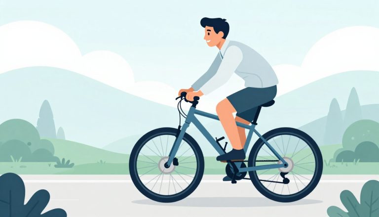 Un cycliste souriant sur un VTT bleu, au bord d’un sentier forestier.