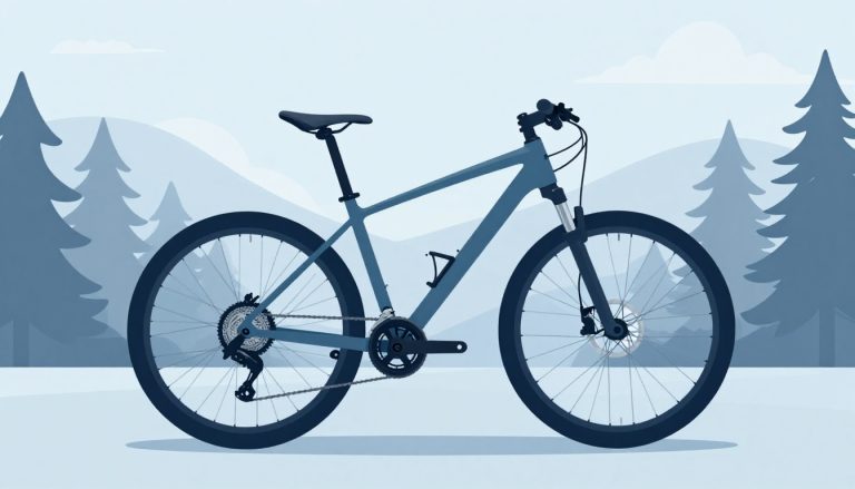 Un VTT bleu mat posé sur un sentier forestier bordé de pins.