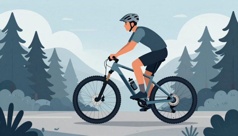 Un cycliste casqué roule sur un VTT bleu dans un sentier forestier.